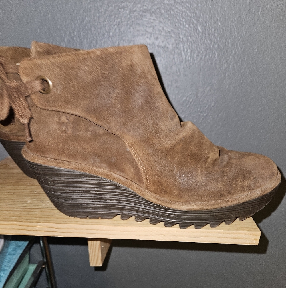 Fly London Tan Suede Wedge Boots
